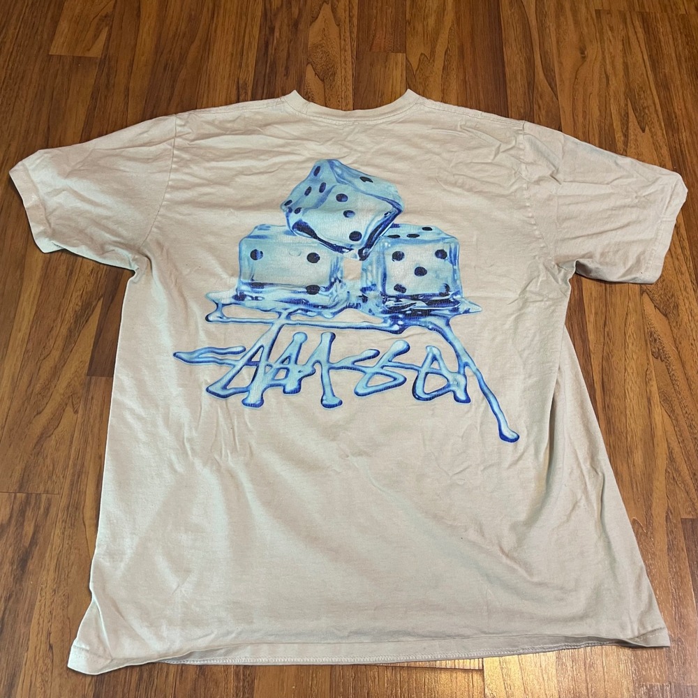 Stussy Melting Ice Cubes Dice Graphic T-Shirt Mens Large Tan Blue Streetwear Tee